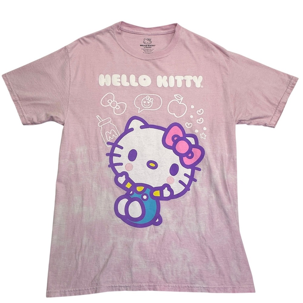 Hello Kitty T-Shirt Pink Tie Dye Graphic Tee Chibi Y2K‎ Boyfriend Fit Pre-Loved
